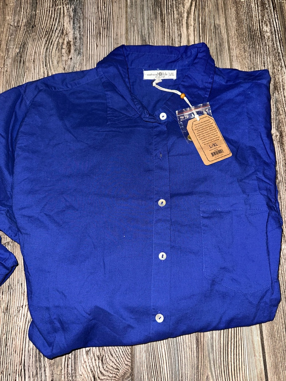 NATURAL LIFE Royal Blue Button Shirt Oversized Boho Beach Coverup Organic L XL